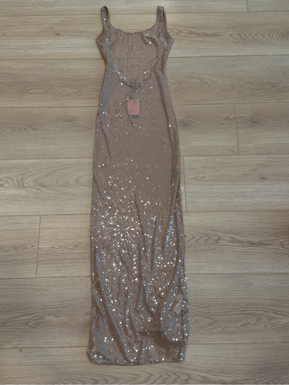NWT PrettyLittleThing KHAKI SEQUIN SHEER BOAT NECK MAXI DRESS - Picture 2 of 7